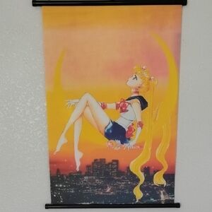 Anime Heroine Wall Tapestry with Sunset and Cityscape